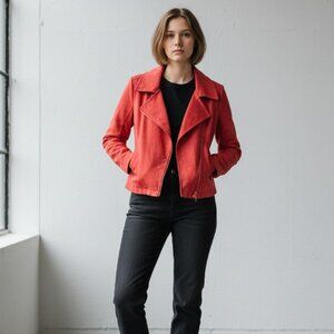 Rock & Republic Women's 14 Moto Jacket Mixed Media Coral Red Zip Biker Coat NWT